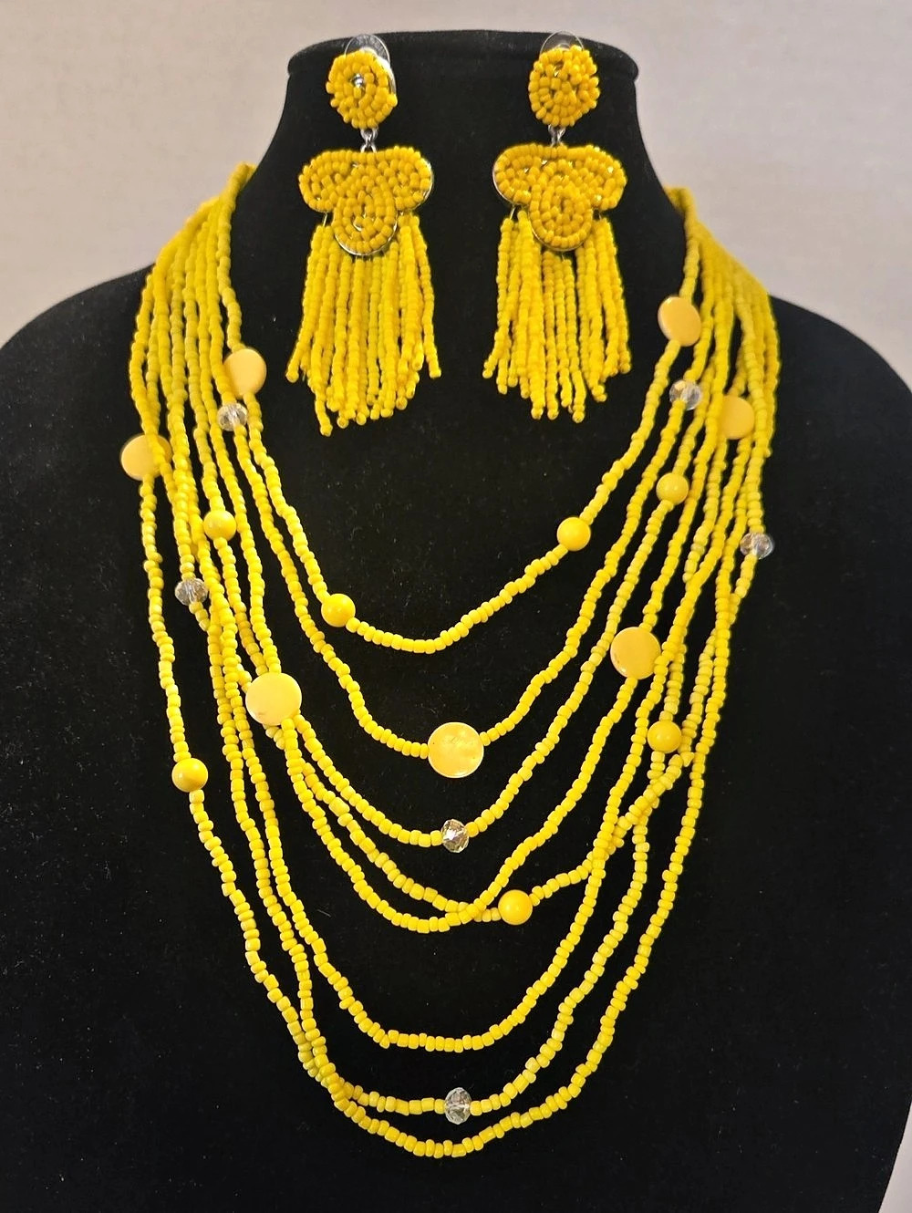 Yellow Beaded Layered Necklace And Matching Earrings